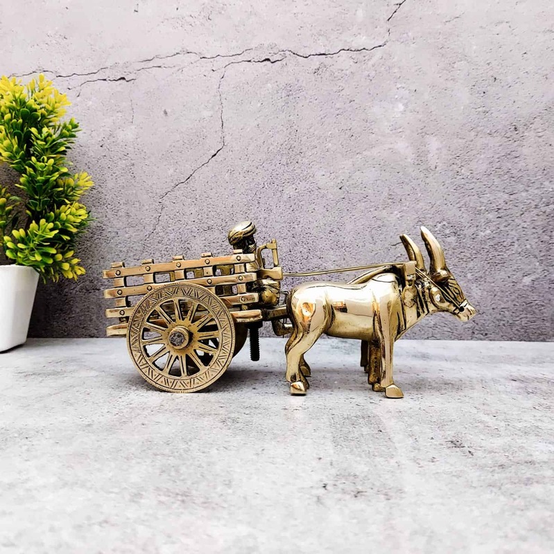 Brass Bullock Cart/Bailgadi - 4 inch Height | Decorative Brass Bailgadi for Rustic Charm
