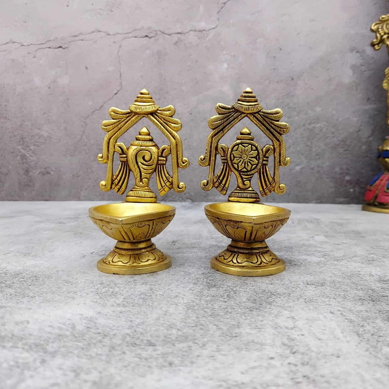 Brass Shankh Chakra Diya Set - 4.8 inch Height | Brass Diya Set with Shankh and Chakra Design