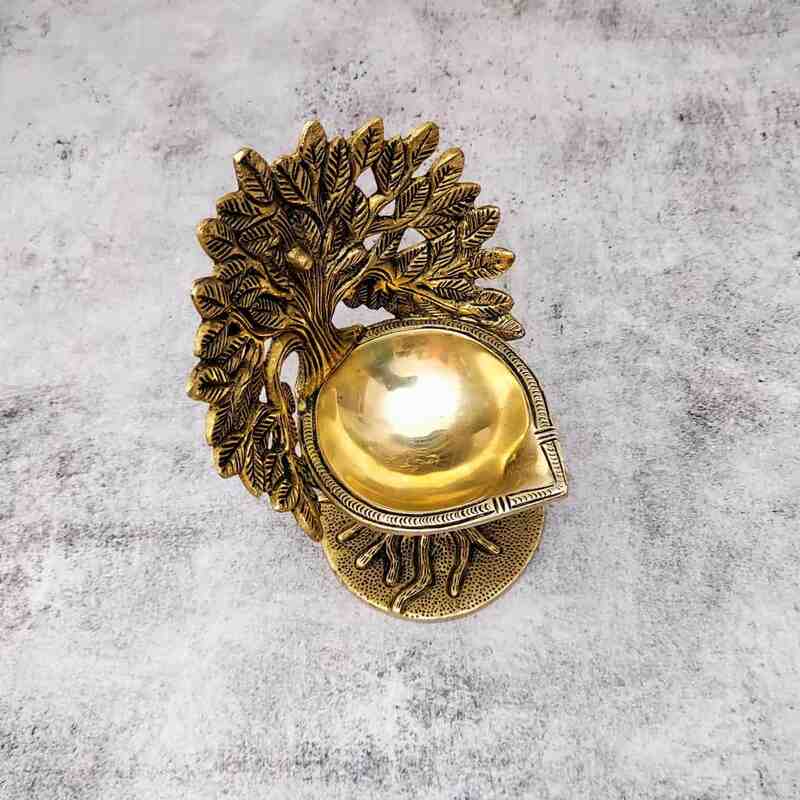 Brass Kalpavriksha Tree Diya/Lamp - 7 inch Height | Brass Diya with Kalpavriksha Tree Motif