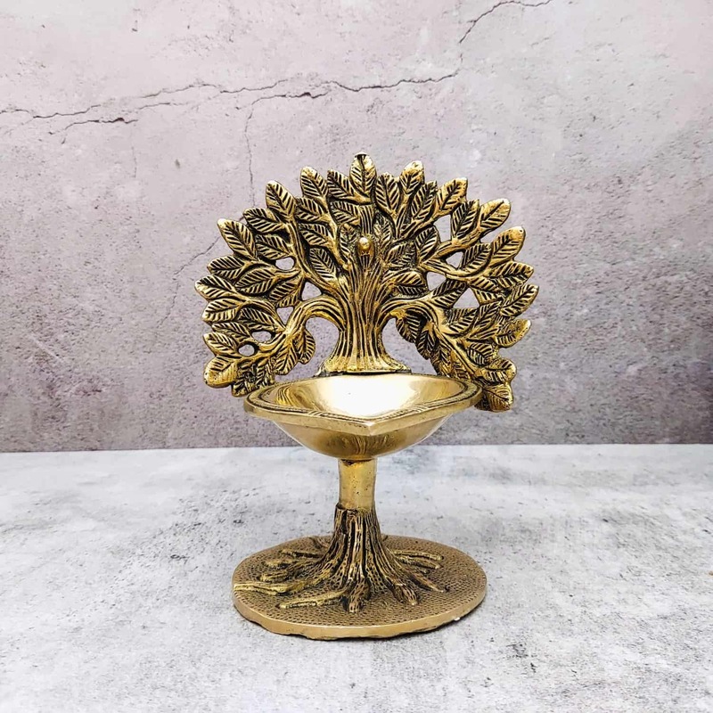 Brass Kalpavriksha Tree Diya/Lamp - 7 inch Height | Brass Diya with Kalpavriksha Tree Motif