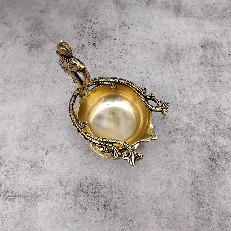 Brass Parrot Diya/Lamp - 6 inch Height | Vibrant Brass Diya with Parrot Shape for Festive Lighting