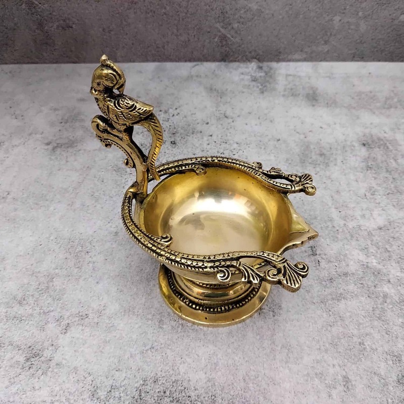 Brass Parrot Diya/Lamp - 6 inch Height | Vibrant Brass Diya with Parrot Shape for Festive Lighting