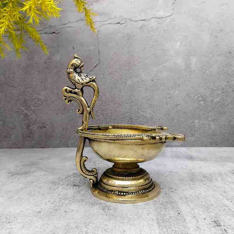 Brass Parrot Diya/Lamp - 6 inch Height | Vibrant Brass Diya with Parrot Shape for Festive Lighting