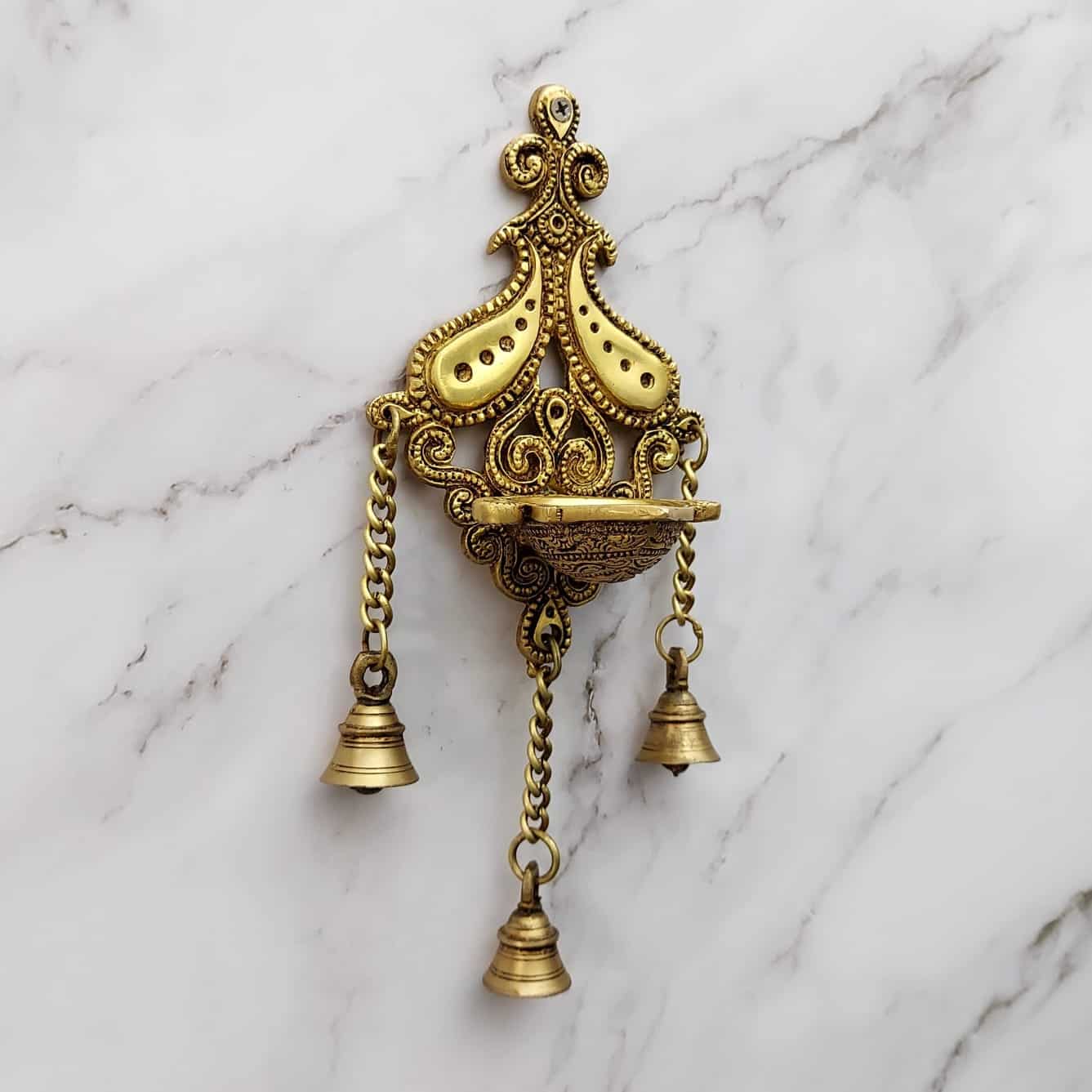 Brass Wall Hanging Diya with Bells - 29 inch Height | Decorative Brass Diya with Bell Accents for Festive Ambiance