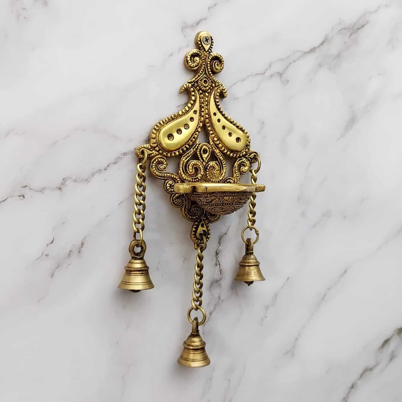 Brass Wall Hanging Diya with Bells - 29 inch Height | Decorative Brass Diya with Bell Accents for Festive Ambiance