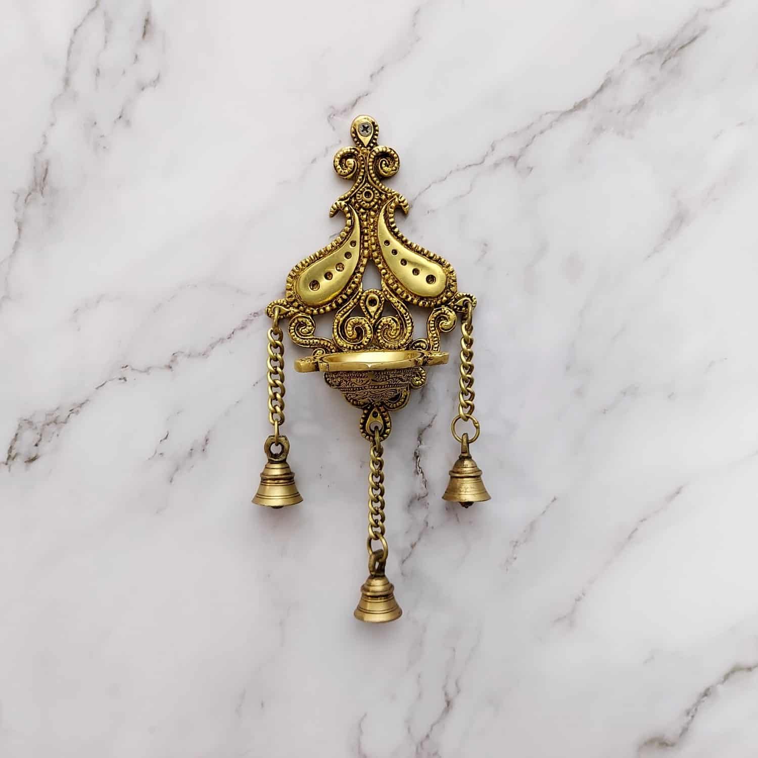 Brass Wall Hanging Diya with Bells - 29 inch Height | Decorative Brass Diya with Bell Accents for Festive Ambiance