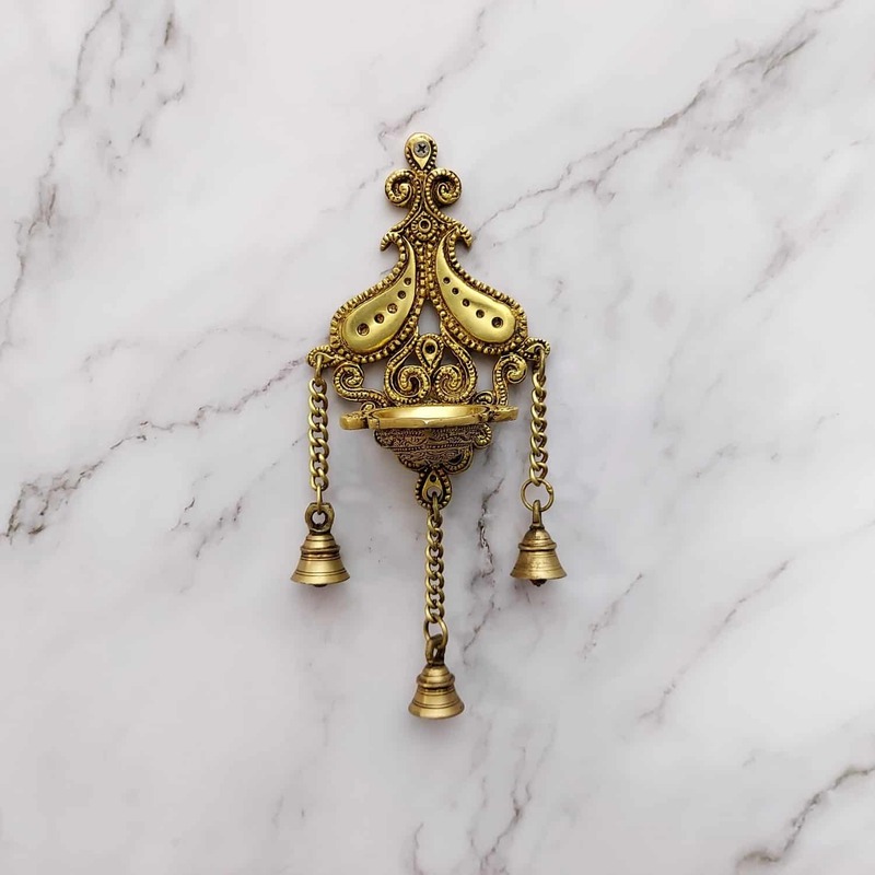 Brass Wall Hanging Diya with Bells - 29 inch Height | Decorative Brass Diya with Bell Accents for Festive Ambiance