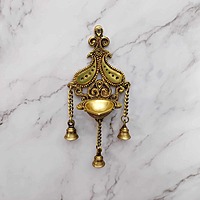 Brass Wall Hanging Diya with Bells - 29 inch Height | Decorative Brass Diya with Bell Accents for Festive Ambiance