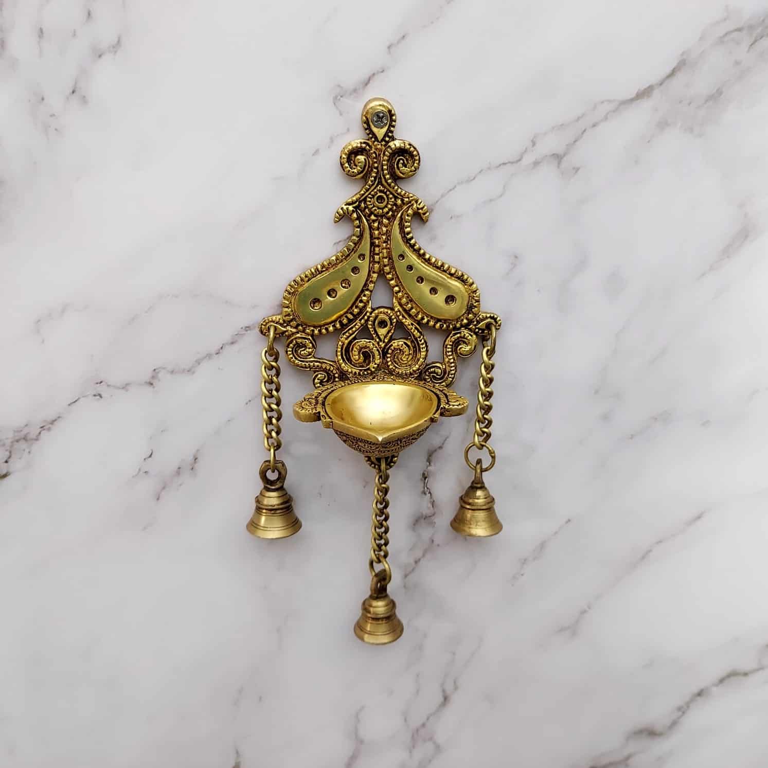 Brass Wall Hanging Diya with Bells - 29 inch Height | Decorative Brass Diya with Bell Accents for Festive Ambiance