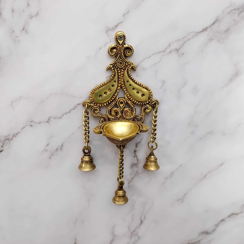 Brass Wall Hanging Diya with Bells - 29 inch Height | Decorative Brass Diya with Bell Accents for Festive Ambiance