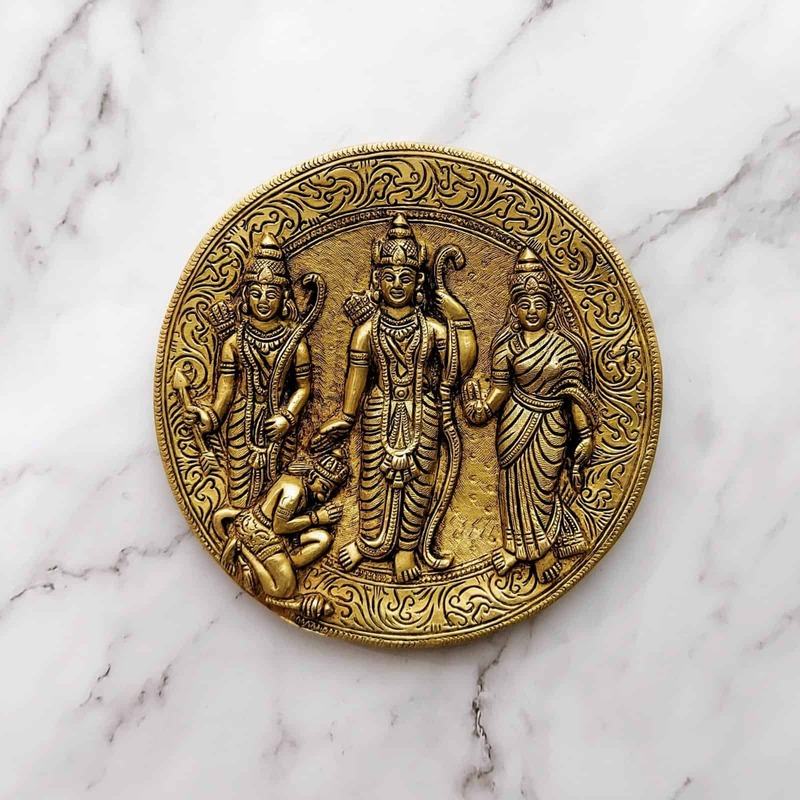 Brass Ram Darbar Wall Hanging Plate - 7.5 inch Height | Traditional Brass Wall Plate with Ram Darbar Design