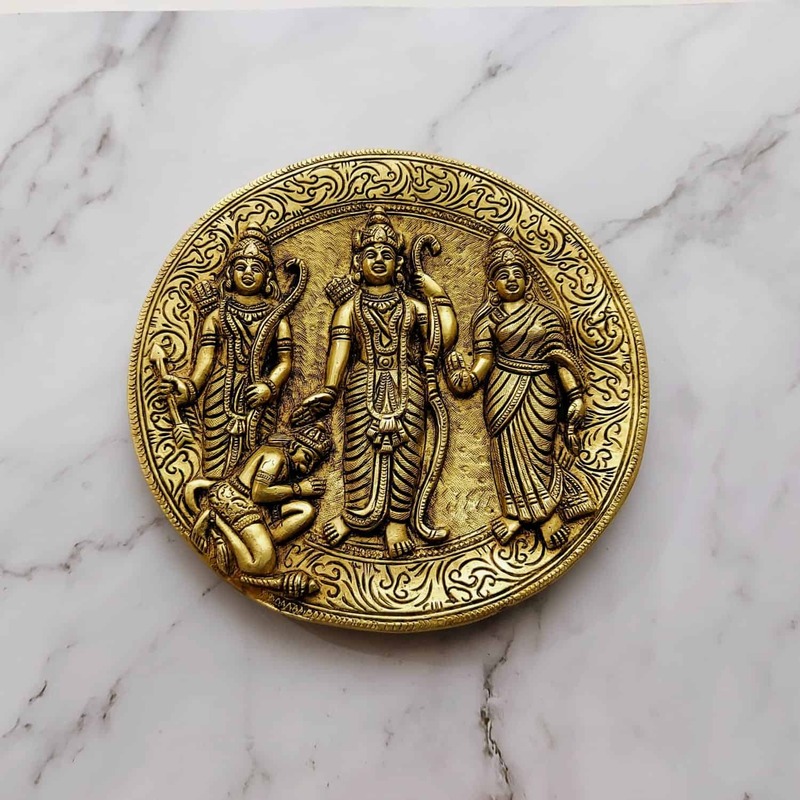 Brass Ram Darbar Wall Hanging Plate - 7.5 inch Height | Traditional Brass Wall Plate with Ram Darbar Design