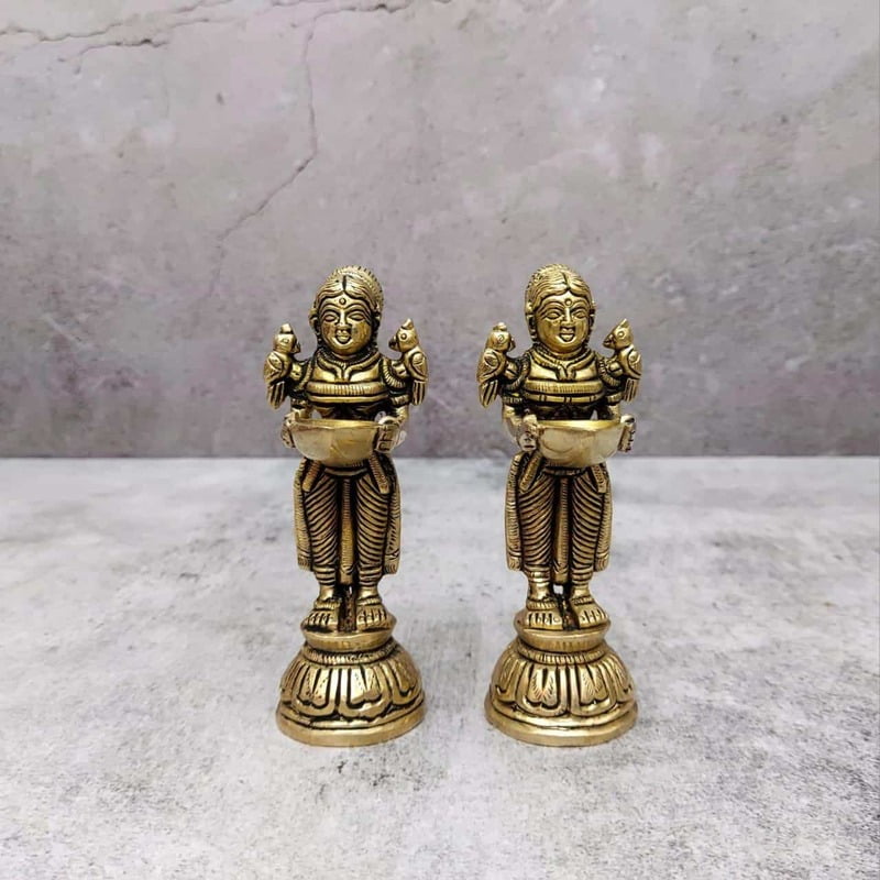 Brass Deep Lady / Deep Lakshmi Pair - 4.5 inch Height | Elegant Pair of Brass Deep Ladies for Auspicious Lighting