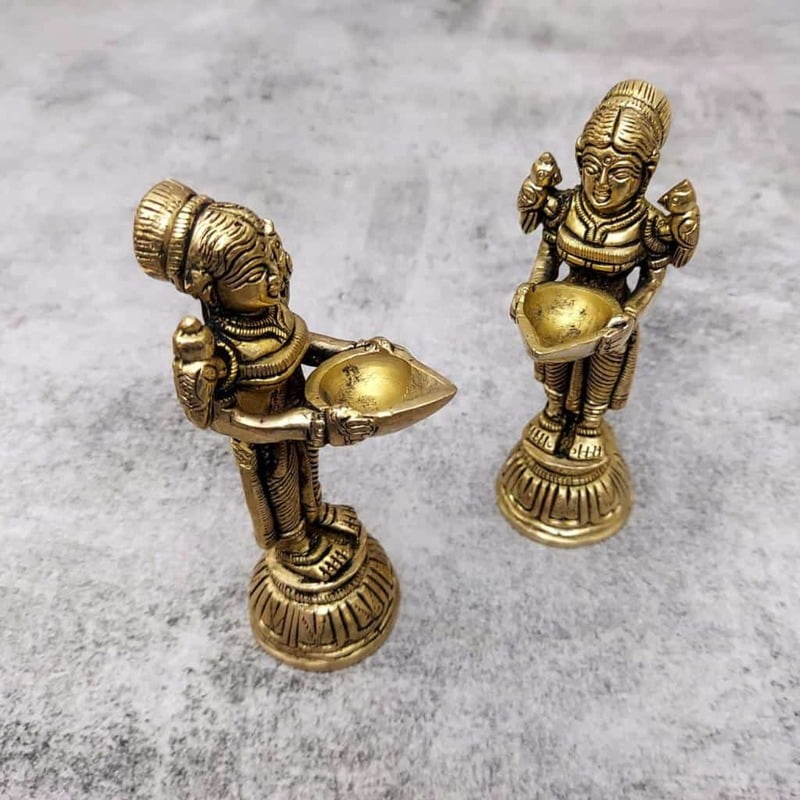 Brass Deep Lady / Deep Lakshmi Pair - 4.5 inch Height | Elegant Pair of Brass Deep Ladies for Auspicious Lighting