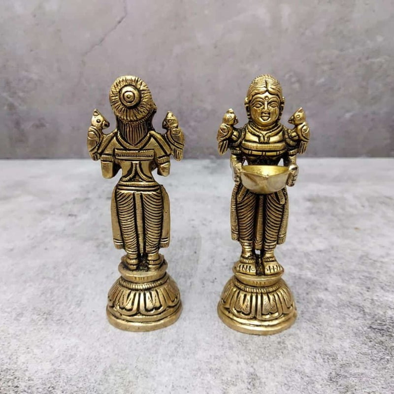 Brass Deep Lady / Deep Lakshmi Pair - 4.5 inch Height | Elegant Pair of Brass Deep Ladies for Auspicious Lighting