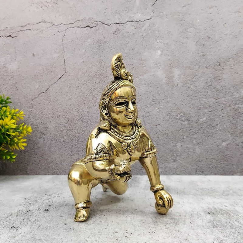 Brass Laddu Gopal / Bala Gopal Idol - 7.5 inch Height | Charming Brass Idol of Laddu Gopal/Bala Gopal for Devotional Adornment