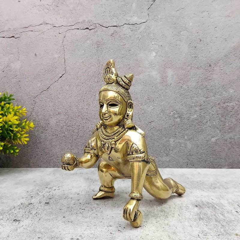 Brass Laddu Gopal / Bala Gopal Idol - 7.5 inch Height | Charming Brass Idol of Laddu Gopal/Bala Gopal for Devotional Adornment