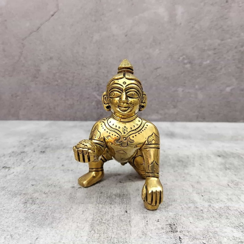 Brass Laddu Gopal / Bala Gopal - 4 inch Height | Miniature Brass Laddu Gopal/Bala Gopal for Spiritual Decor