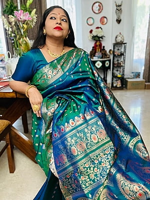 No Figure Paisley motif Blue green dual tone pure katan silk swarnachari No Figure Paisley motif Blue green dual tone pure katan silk swarnachari