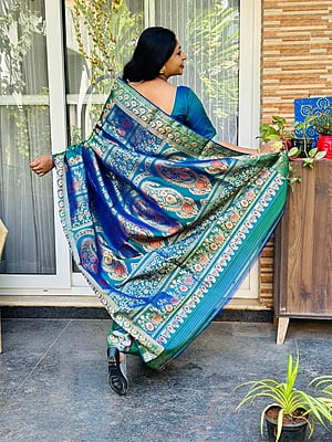 No Figure Paisley motif Blue green dual tone pure katan silk swarnachari No Figure Paisley motif Blue green dual tone pure katan silk swarnachari