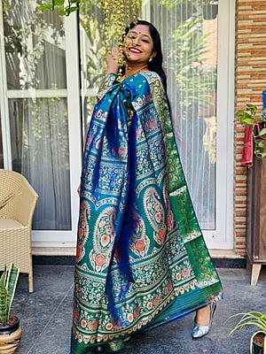 No Figure Paisley motif Blue green dual tone pure katan silk swarnachari No Figure Paisley motif Blue green dual tone pure katan silk swarnachari