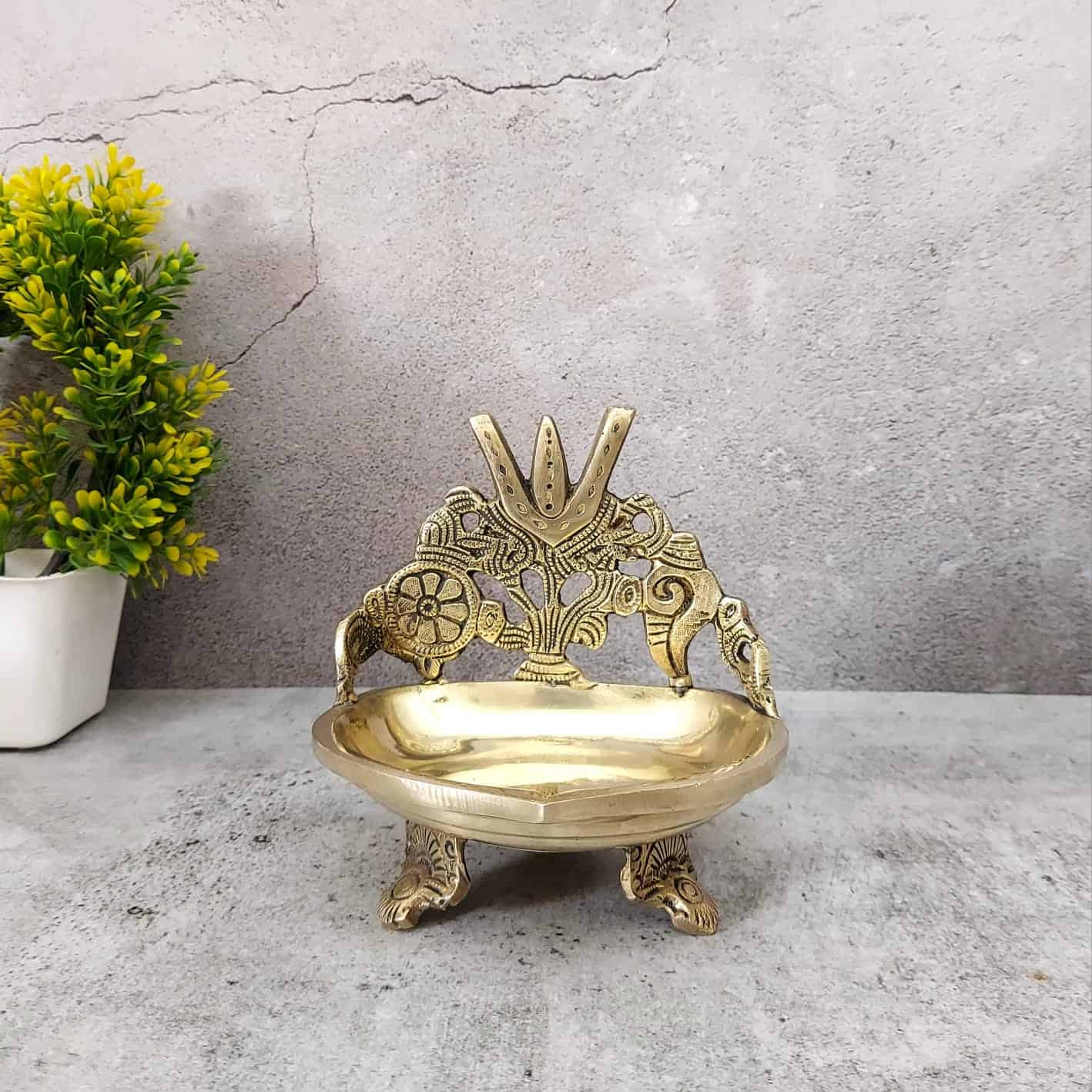Brass Shank Chakra Nama Deepam - 5.5 inch Height | Sacred Brass Deepam with Shankh and Chakra Design for Auspicious Lighting