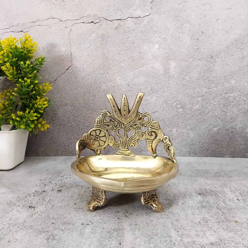 Brass Shank Chakra Nama Deepam - 5.5 inch Height | Sacred Brass Deepam with Shankh and Chakra Design for Auspicious Lighting