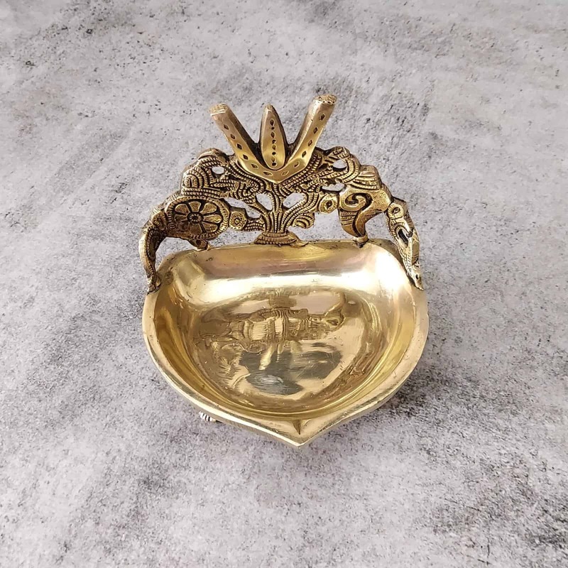 Brass Shank Chakra Nama Deepam - 5.5 inch Height | Sacred Brass Deepam with Shankh and Chakra Design for Auspicious Lighting