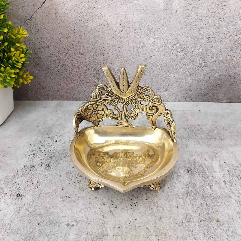 Brass Shank Chakra Nama Deepam - 5.5 inch Height | Sacred Brass Deepam with Shankh and Chakra Design for Auspicious Lighting