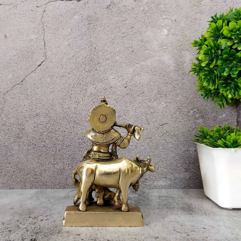 Brass Krishna with Cow - 5 inch Height | Serene Brass Idol of Krishna with Cow for Devotee's Delight