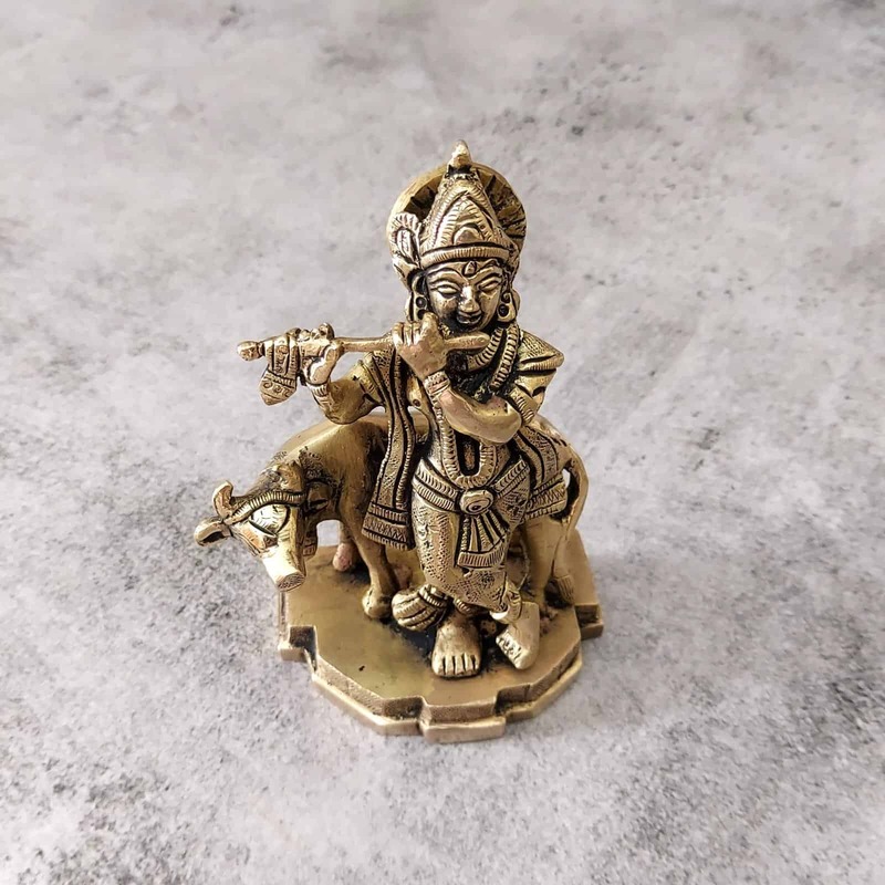 Brass Krishna with Cow - 5 inch Height | Serene Brass Idol of Krishna with Cow for Devotee's Delight
