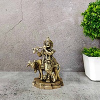 Brass Krishna with Cow - 5 inch Height | Serene Brass Idol of Krishna with Cow for Devotee's Delight