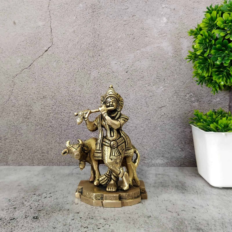 Brass Krishna with Cow - 5 inch Height | Serene Brass Idol of Krishna with Cow for Devotee's Delight