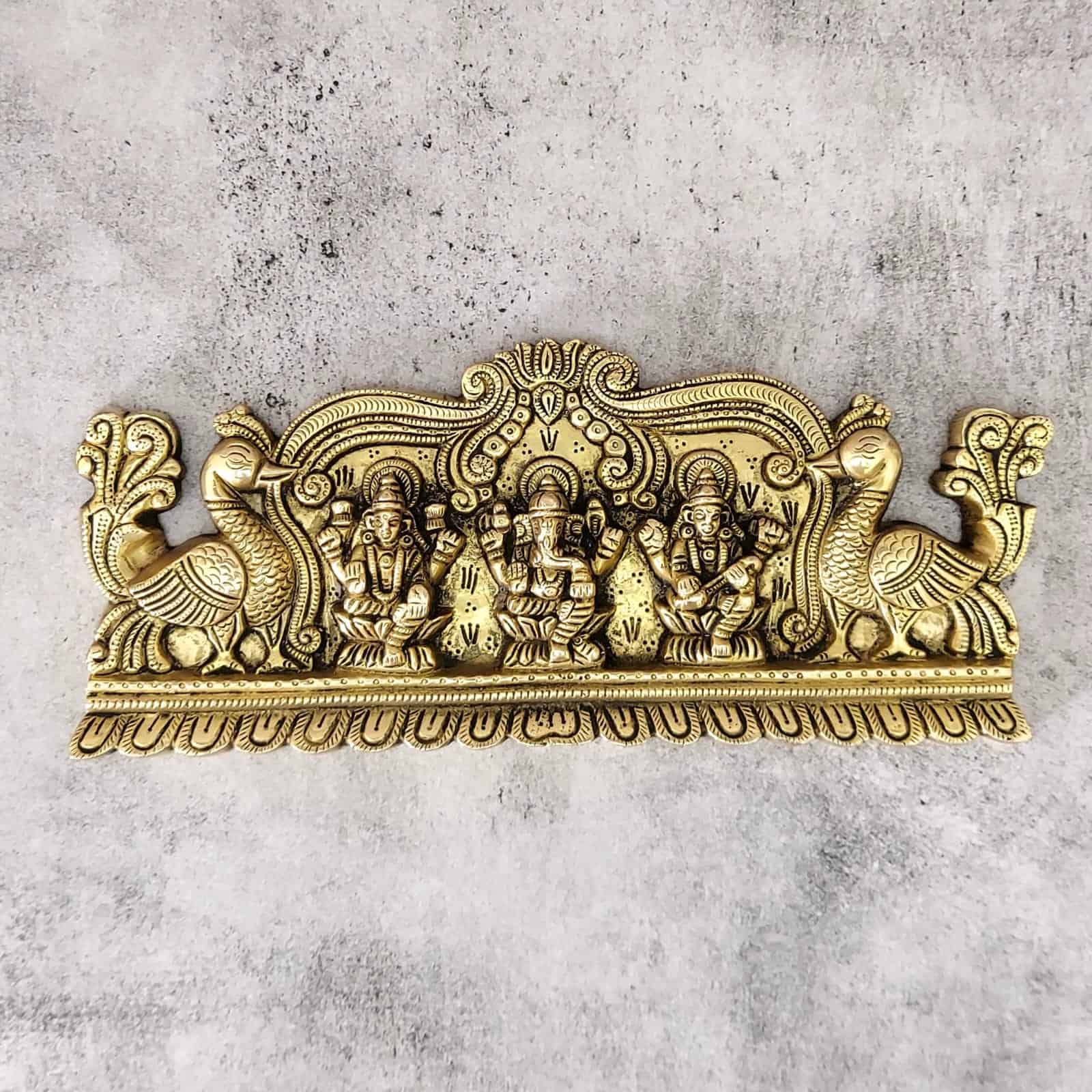 Brass Lakshmi Saraswati Ganesh Wall Hanging Plate - 13 inch Length | Auspicious Brass Wall Plate with Lakshmi, Saraswati, and Ganesh