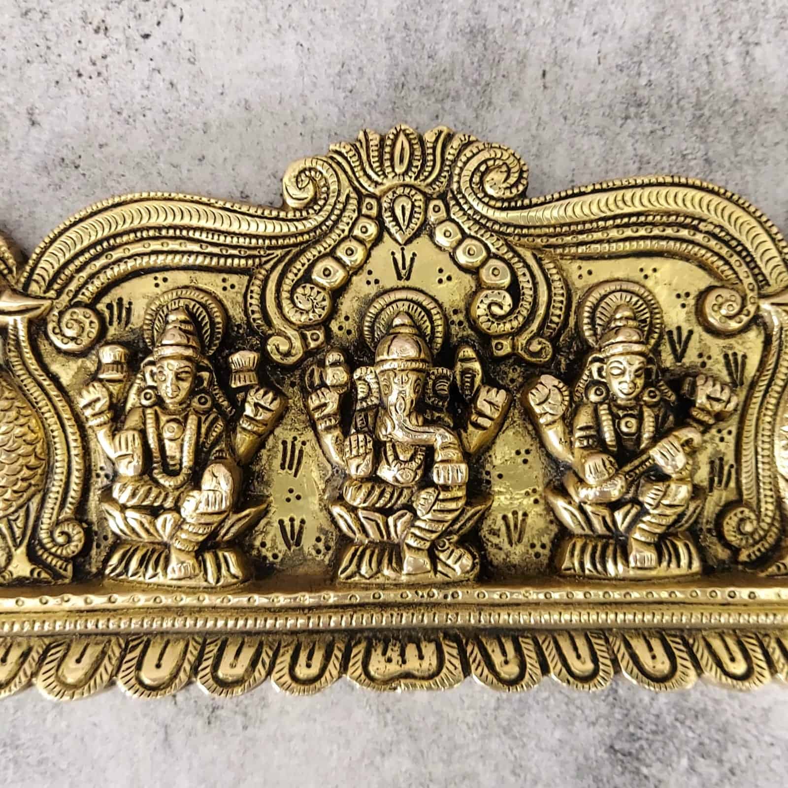 Brass Lakshmi Saraswati Ganesh Wall Hanging Plate - 13 inch Length | Auspicious Brass Wall Plate with Lakshmi, Saraswati, and Ganesh