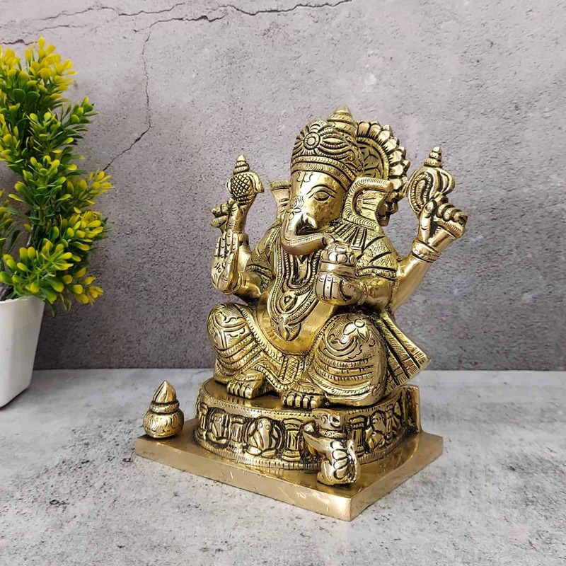 Brass Asta Ganesh Idol - 7.5 inch Height | Brass Idol of Asta Ganesh for Prosperity and Good Fortune
