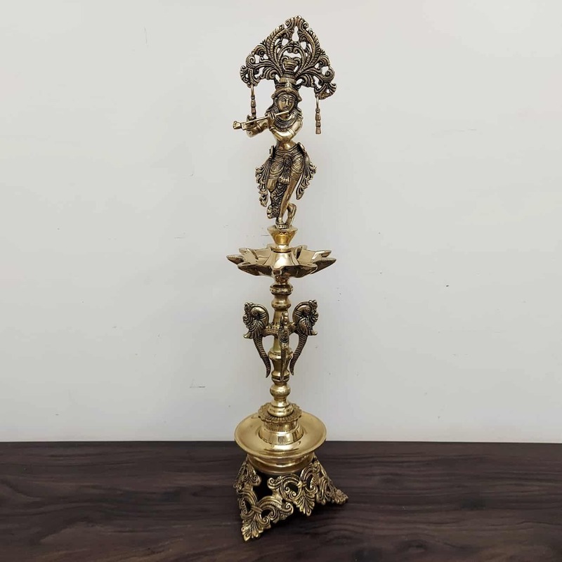 Brass Krishna Lamp - 28 inch Height | Exquisite Brass Lamp with Krishna Design for Divine Illumination
