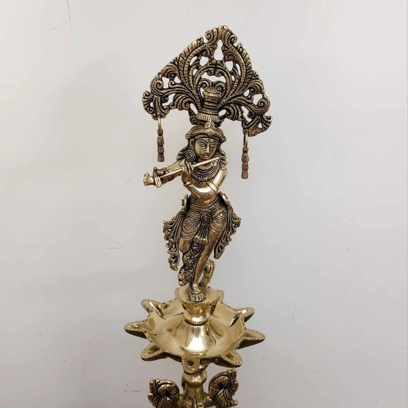 Brass Krishna Lamp - 28 inch Height | Exquisite Brass Lamp with Krishna Design for Divine Illumination