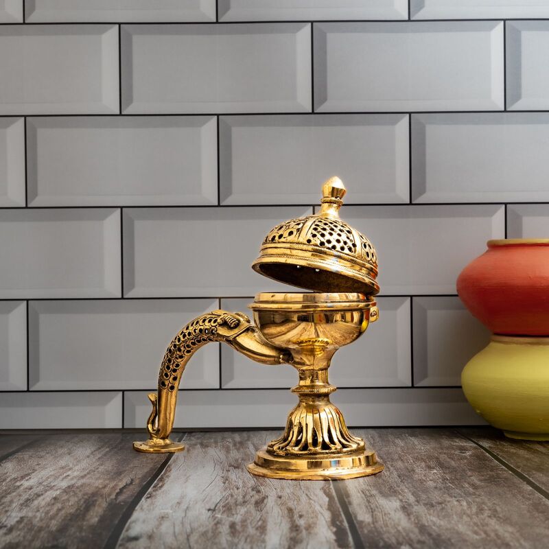 Brass Super Fine Dhoop Dani - 9.5 inch Length - 8 inch Height | Exquisite Brass Dhoop Dani for Aromatic Rituals