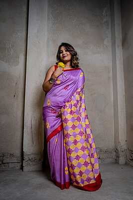 Lavender color impression block print on pure katan silk