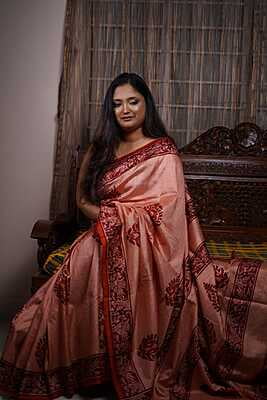 Peach color hand block print on pure Mulberry, katan silk (ss)