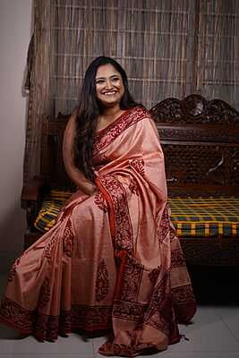 Peach color hand block print on pure Mulberry, katan silk (ss)