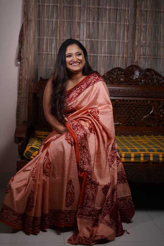 Peach color hand block print on pure Mulberry, katan silk (ss)