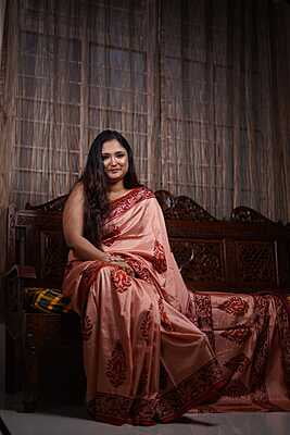 Peach color hand block print on pure Mulberry, katan silk (ss)