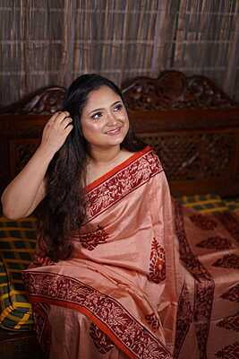 Peach color hand block print on pure Mulberry, katan silk (ss)