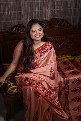 Peach color hand block print on pure Mulberry, katan silk (ss)