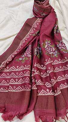 Tassar Hand Blocked cherry red dupatta