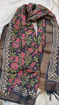 Black all over multi color block print tassar dupatta.