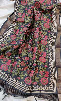 Black all over multi color block print tassar dupatta.