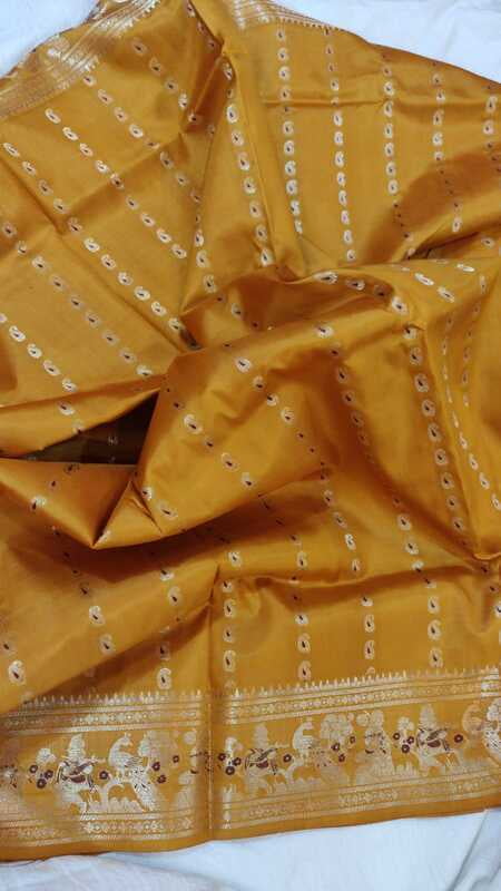 Golden yellow 2000 buta pure Mulberry silk Swarnachari saree Golden yellow 2000 buta pure Mulberry silk Swarnachari saree